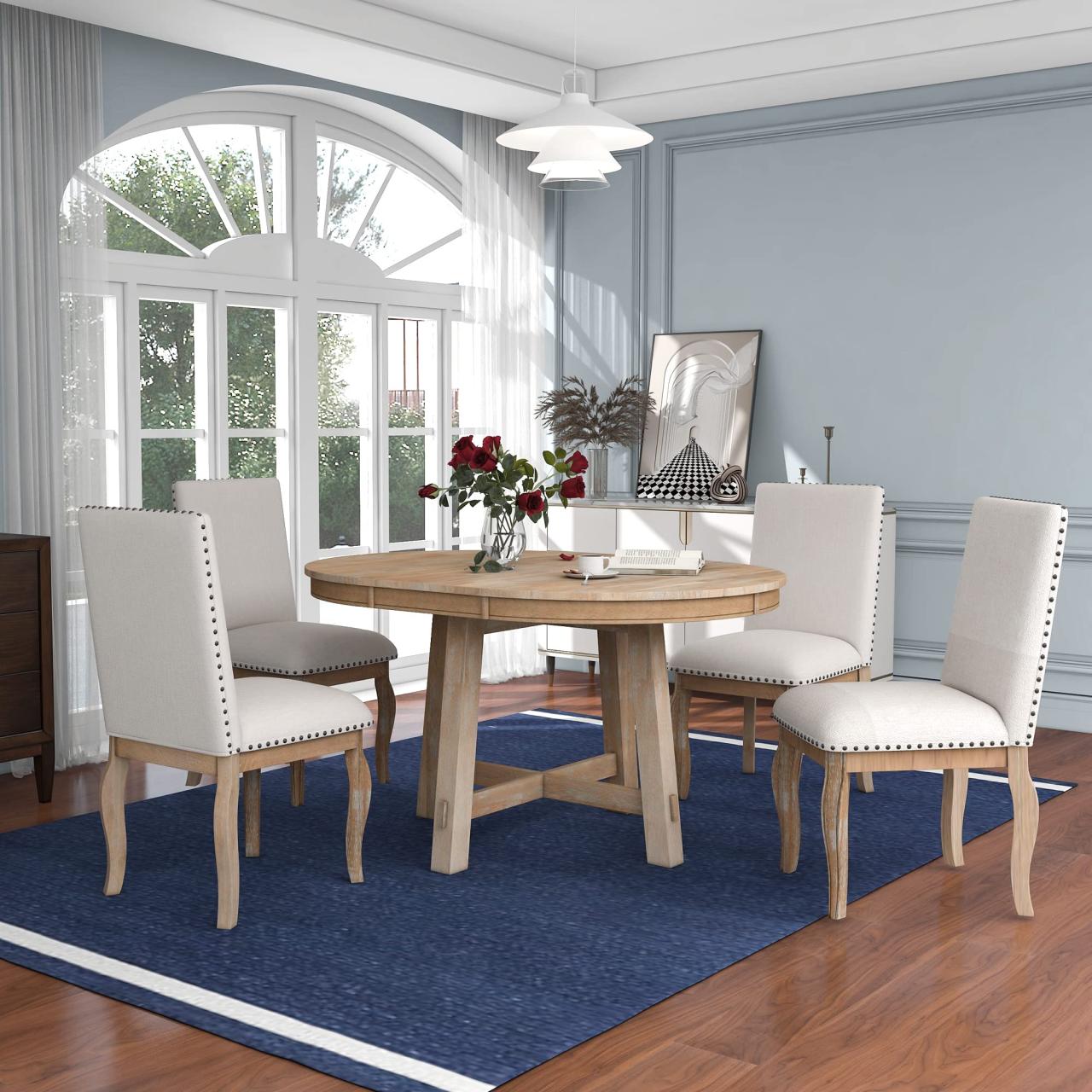 Buy 5-Piece Farmhouse Extendable Round Dining Table and Upholstered ...